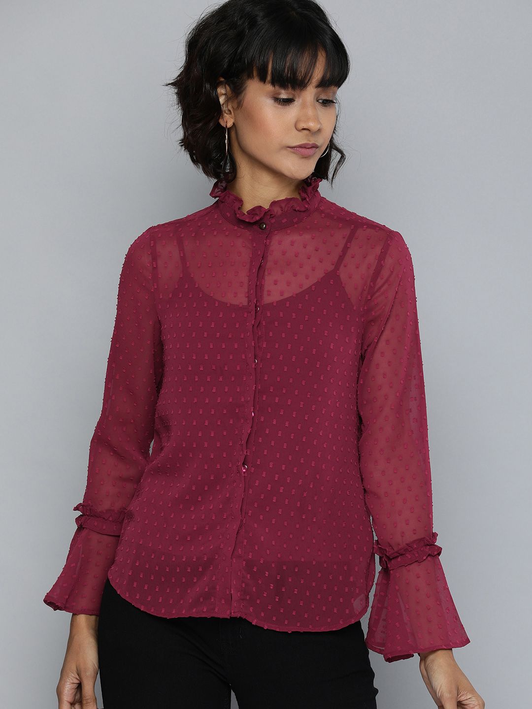 Chemistry Women Maroon Regular Fit Solid Dobby Sheer Shirt With Bell Sleeves