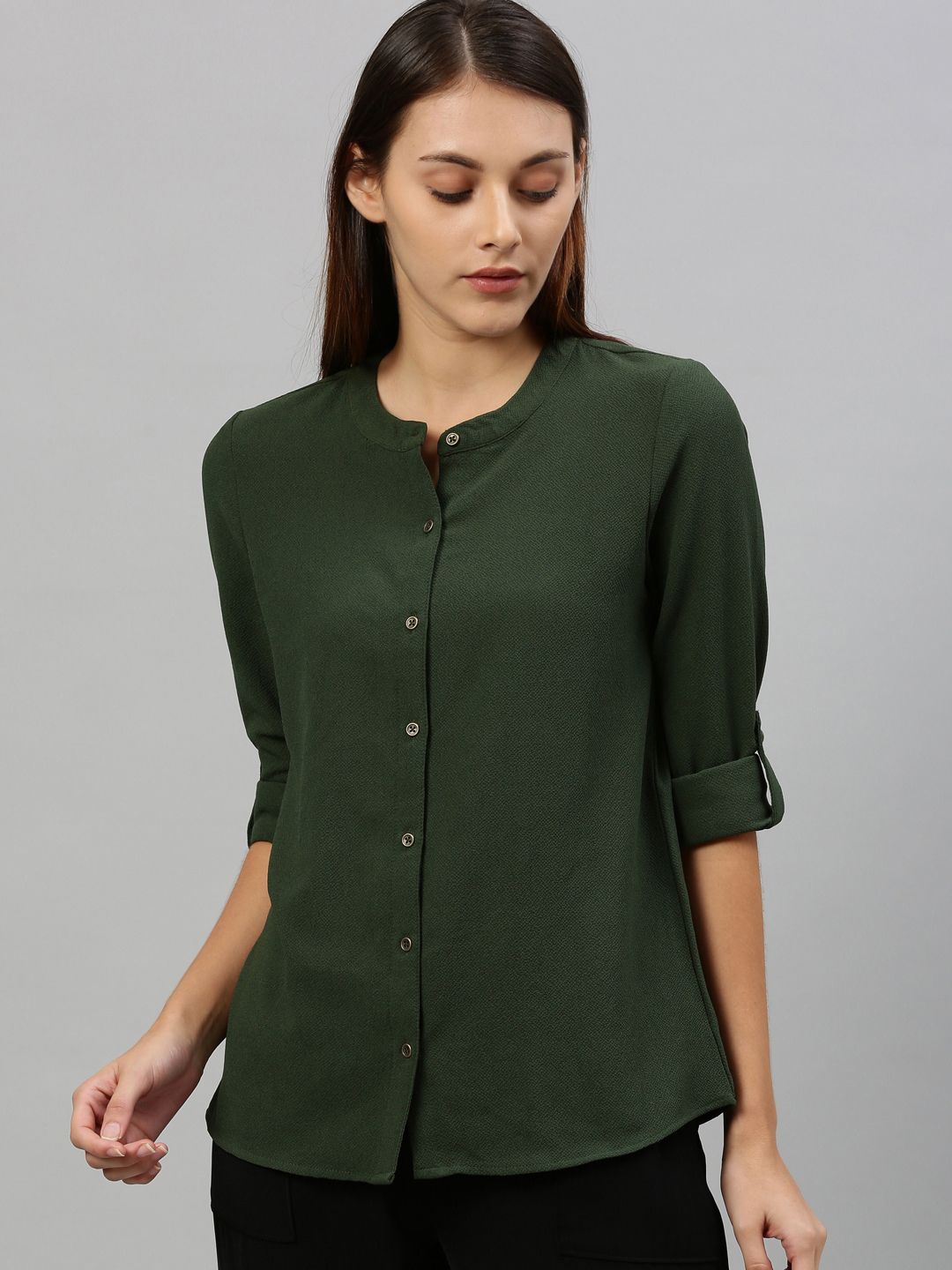 Chemistry Women Olive Green Regular Fit Solid Casual Shirt