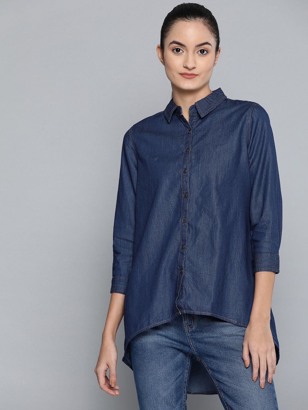 Chemistry Women Navy Blue Solid High-Low Chambray Casual Shirt