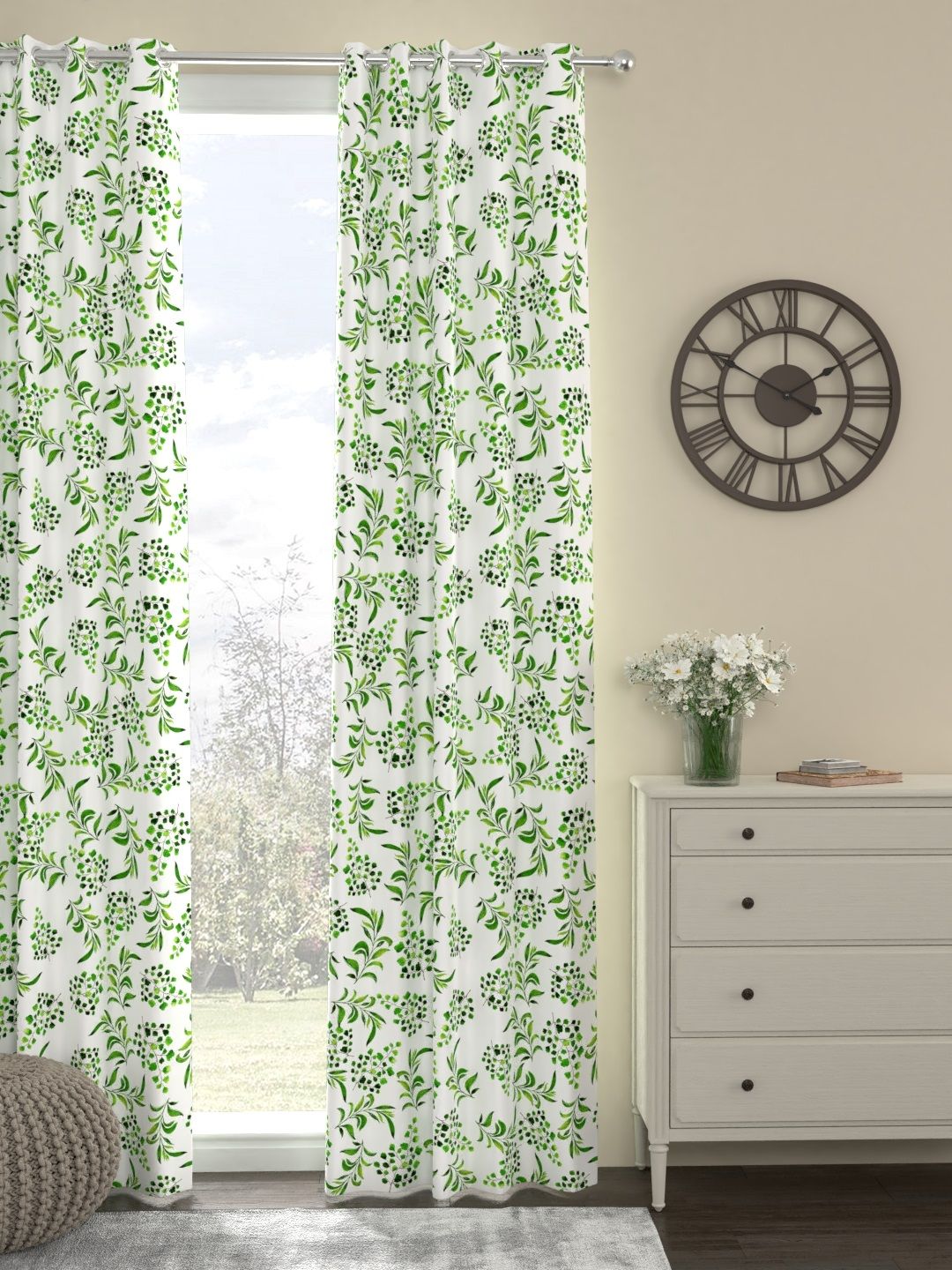 ROSARA HOME White & Green Floral Printed Single Door Curtain Price in India