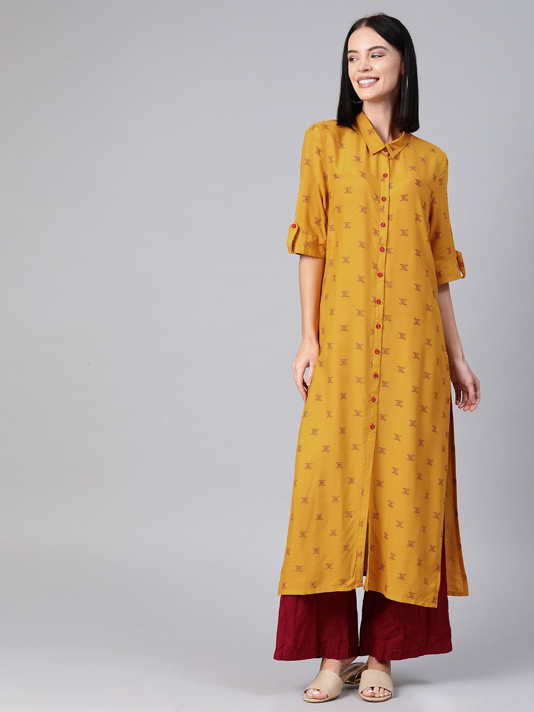 Anouk Women Mustard Yellow & Red Printed Shirt Collar Straight Fusion Kurta