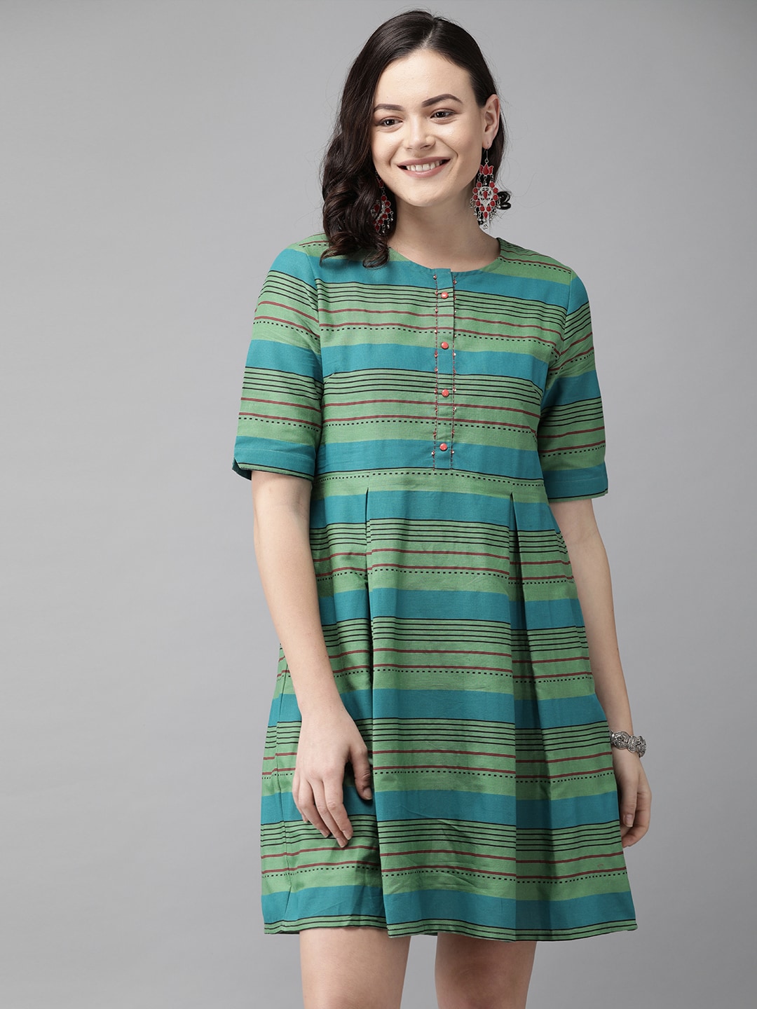 Anouk Green & Blue Striped Pure Cotton A-Line Dress Price in India