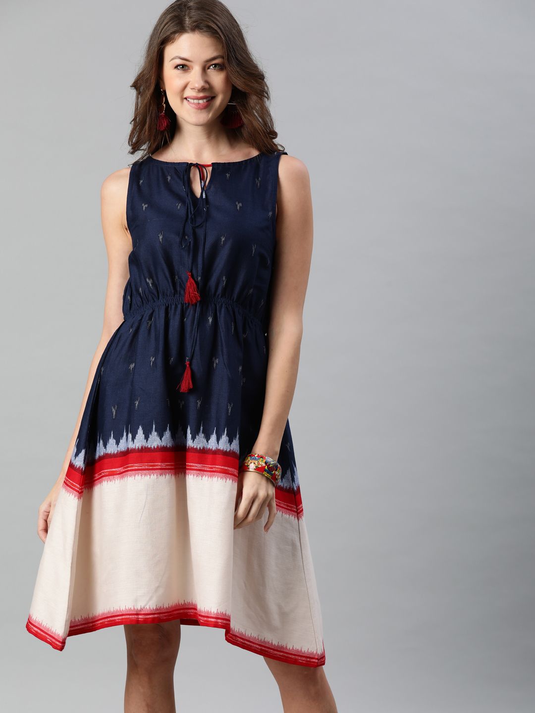 Anouk Navy Blue & Off White Colourblocked Fit and Flare Dress Price in India