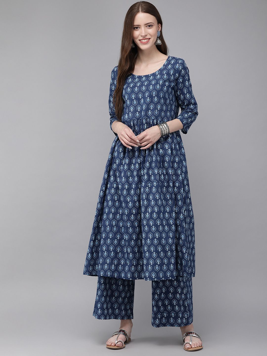 Anouk Women Navy Blue Printed Kurta with Palazzos