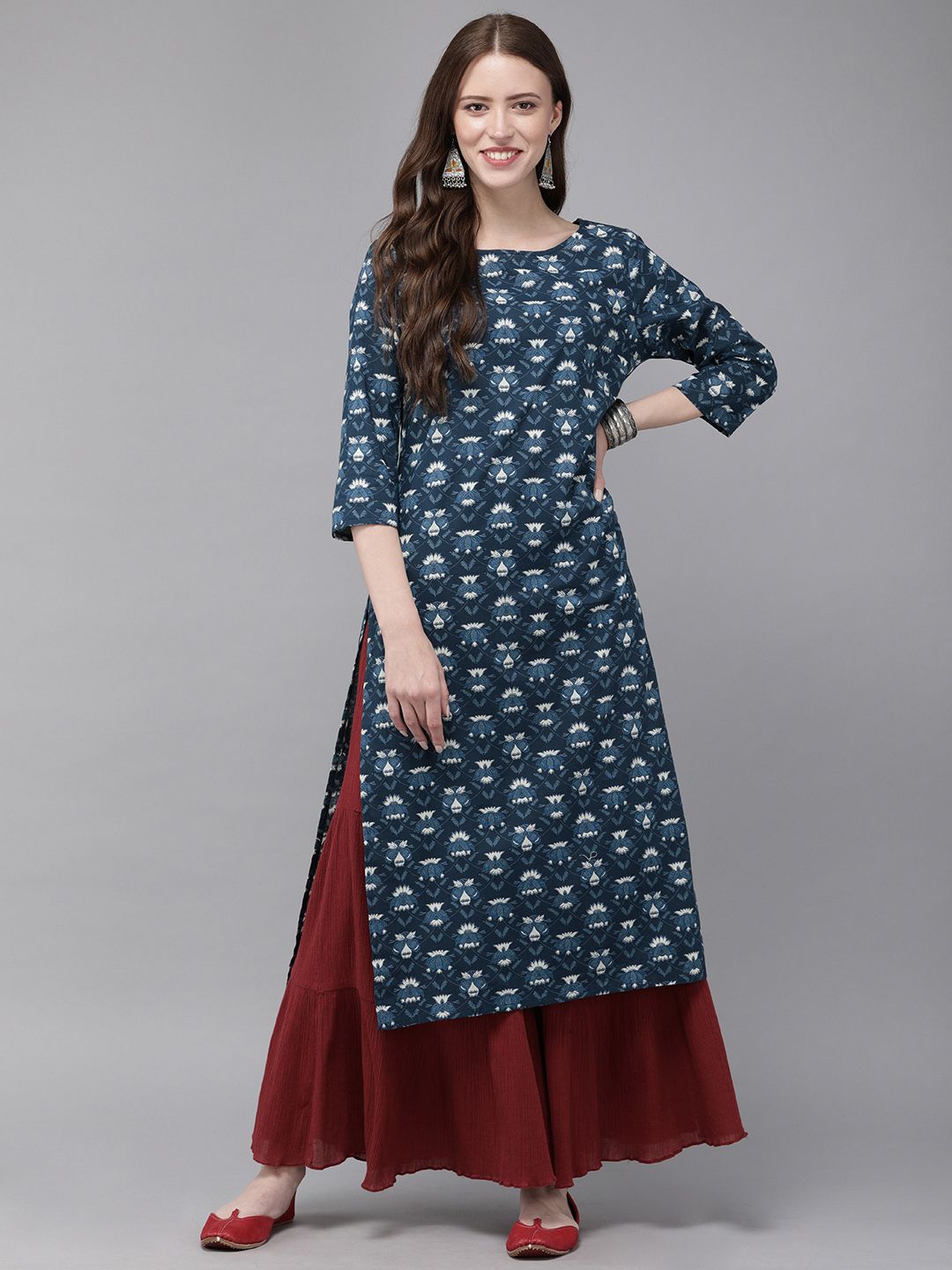 Anouk Women Navy Blue & Off-White Printed Straight Kurta Price in India