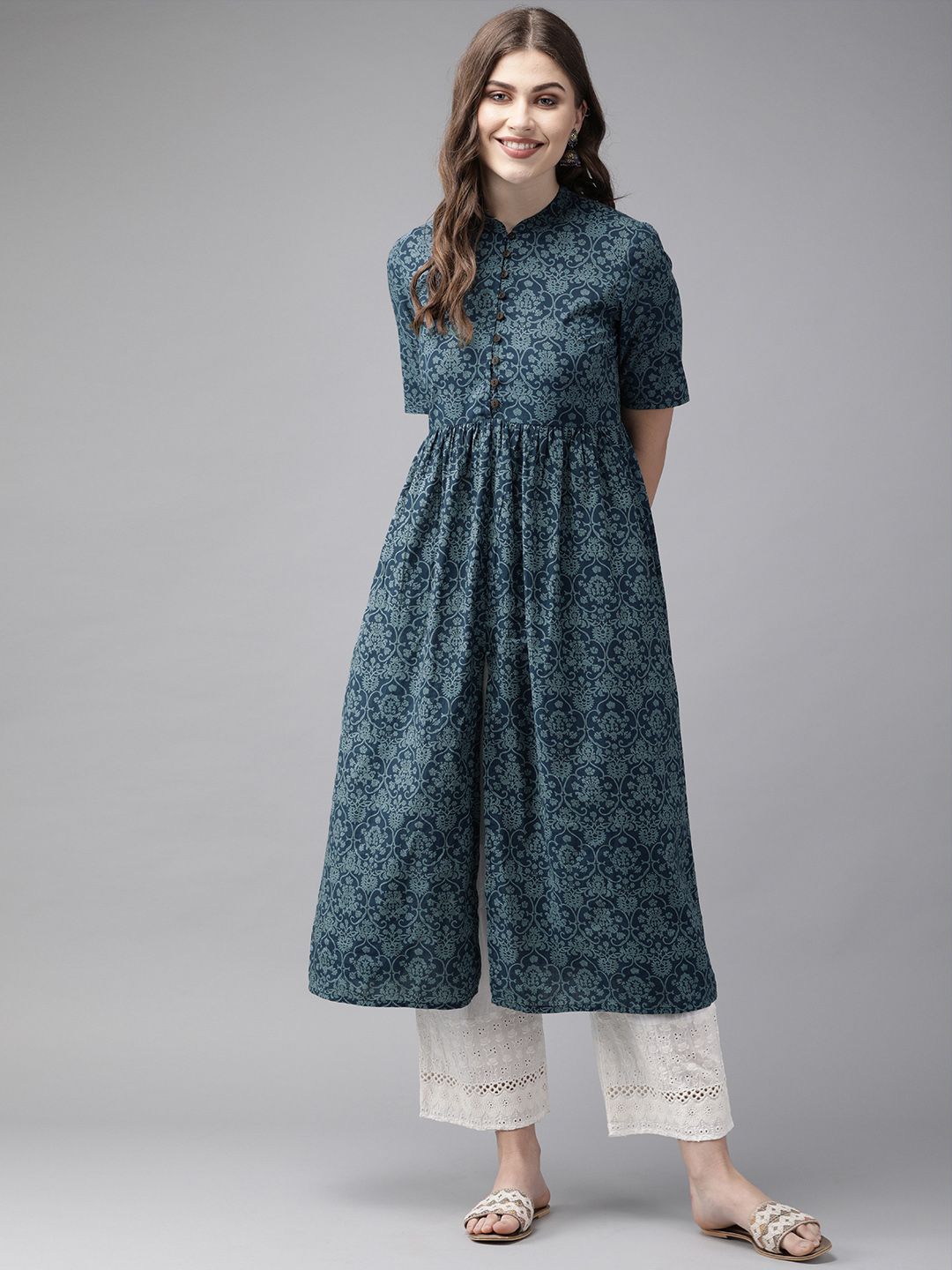 Anouk Women Navy Blue Printed A-Line Kurta with Gathered Detail Price in India