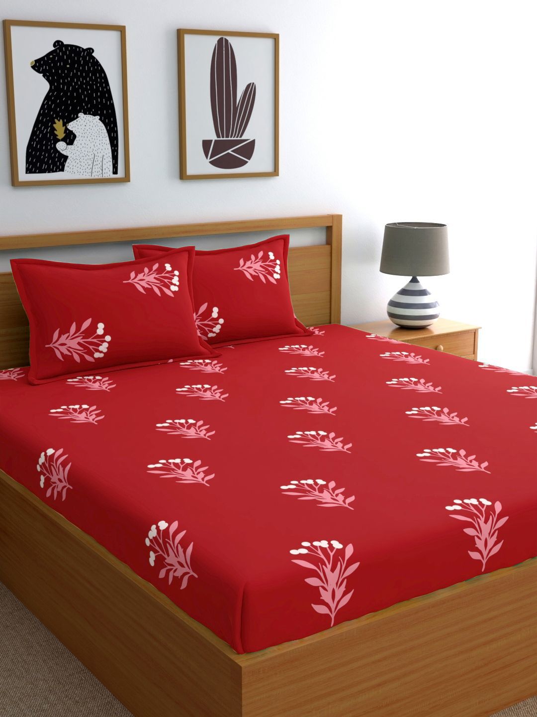 Home Ecstasy Red Floral 140 TC Cotton 1 Queen Bedsheet with 2 Pillow Covers Price in India