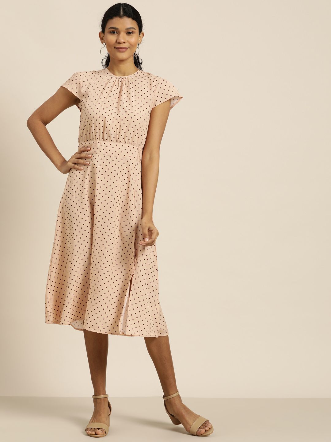 her by invictus Women Beige & Brown Polka Dot Print A-Line Dress