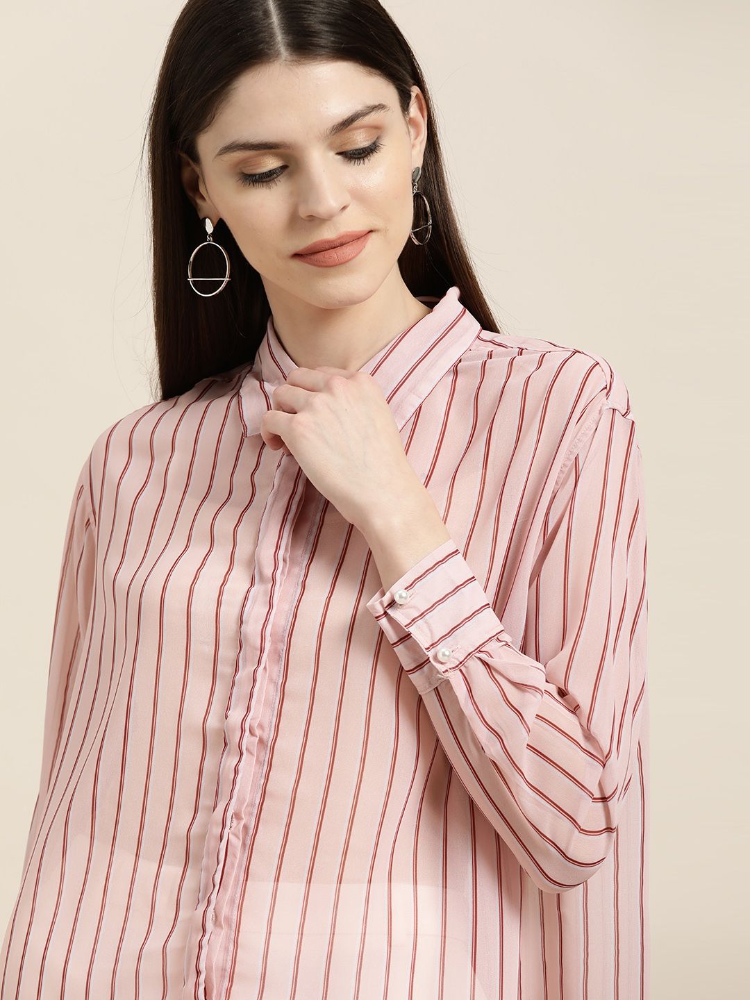 her by invictus Women Pink & Maroon Semi-Sheer Striped Casual Shirt