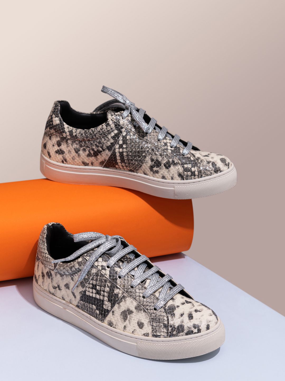 Saint G Women Grey Snakeskin Textured Leather Sneakers Price in India