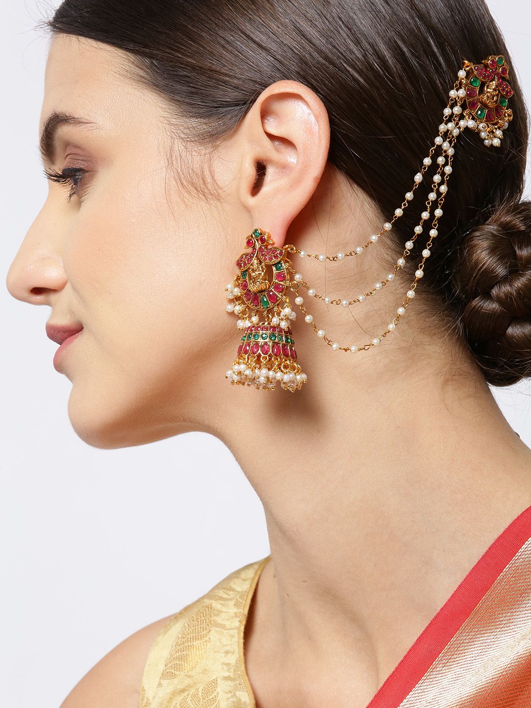 Priyaasi Maroon & Green Gold-Plated Stoned Studded Dome Shaped Jhumkas with Ear Chains Price in India