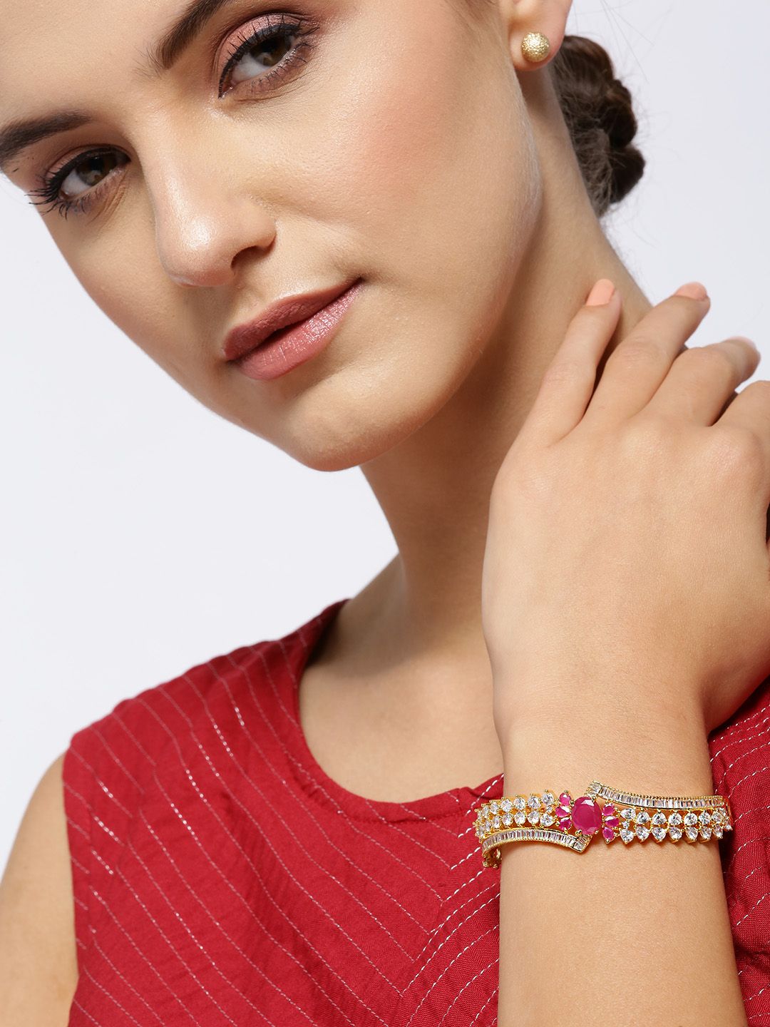 Priyaasi Magenta Gold-Plated CZ Studded Handcrafted Bracelet Price in India