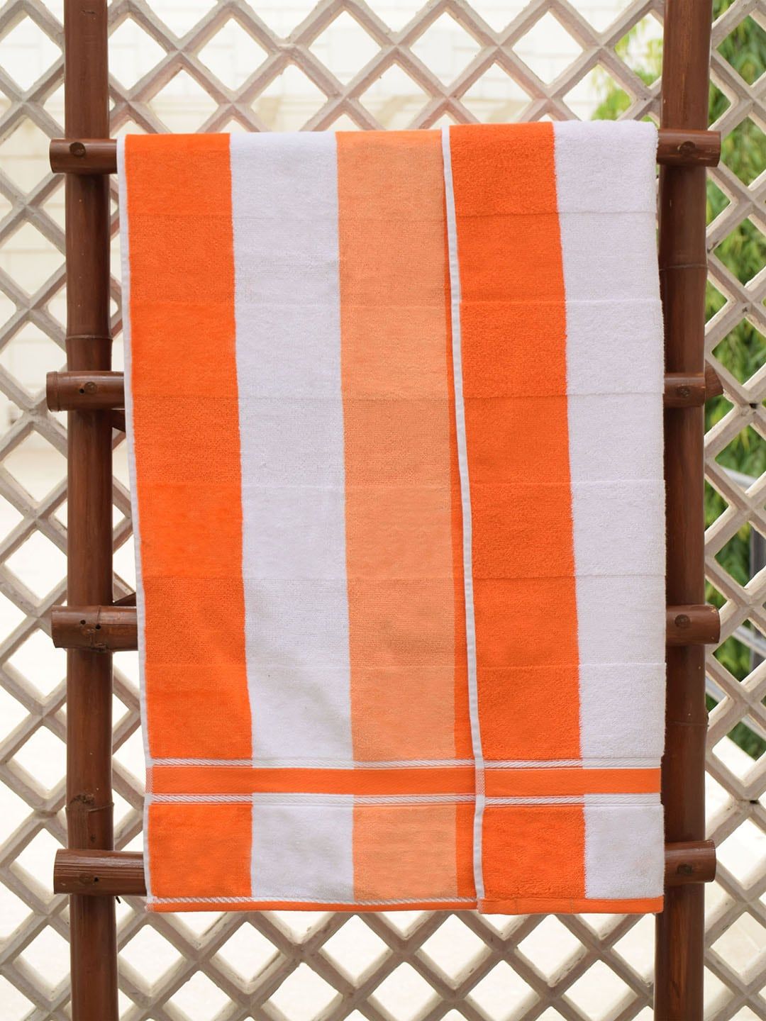 Avira Home Orange & White Striped Cotton 480 GSM Bath Towel Price in India