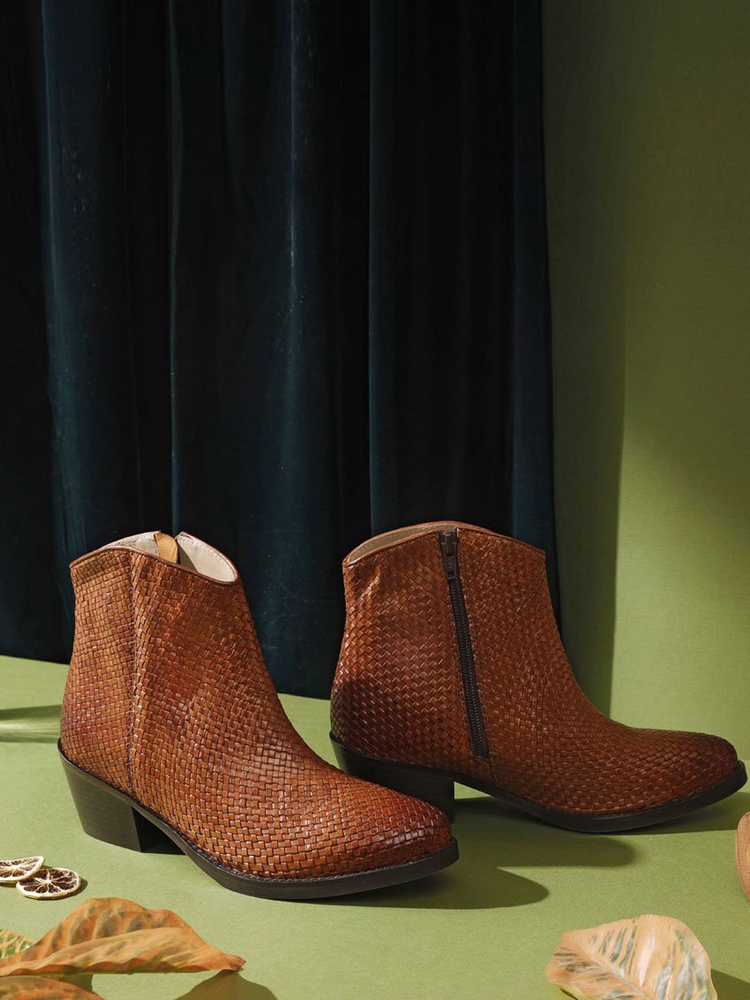 Saint G Womens Tan Brown Woven Burnished Leather Ankle Boots Price in India
