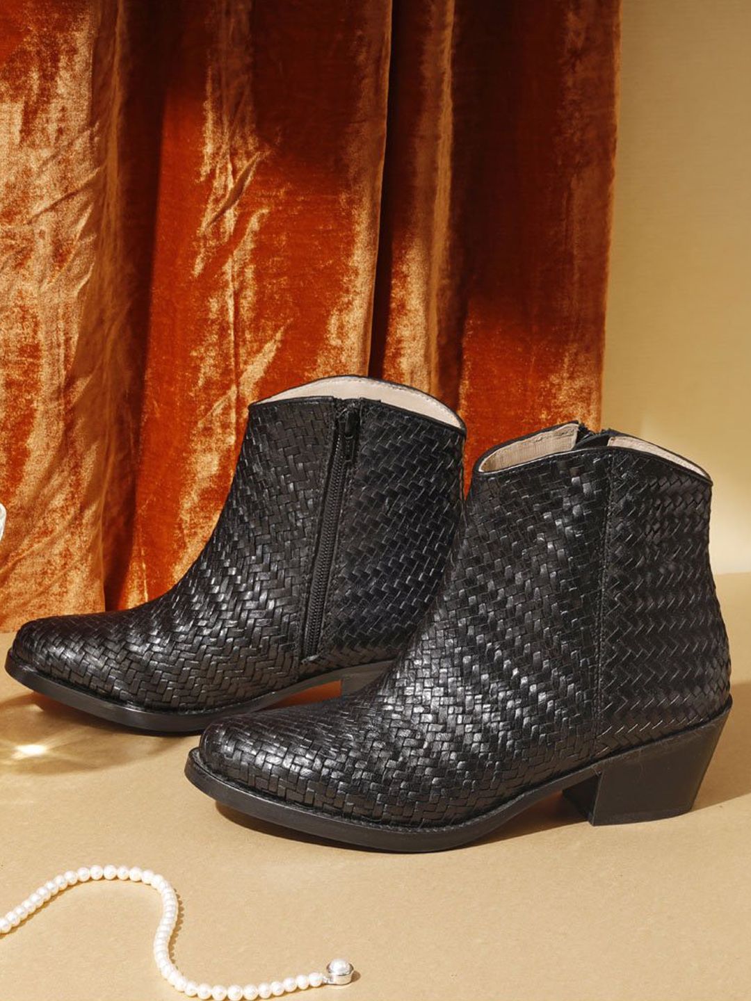 Saint G Women Black Woven Burnished Leather Ankle Boots Price in India