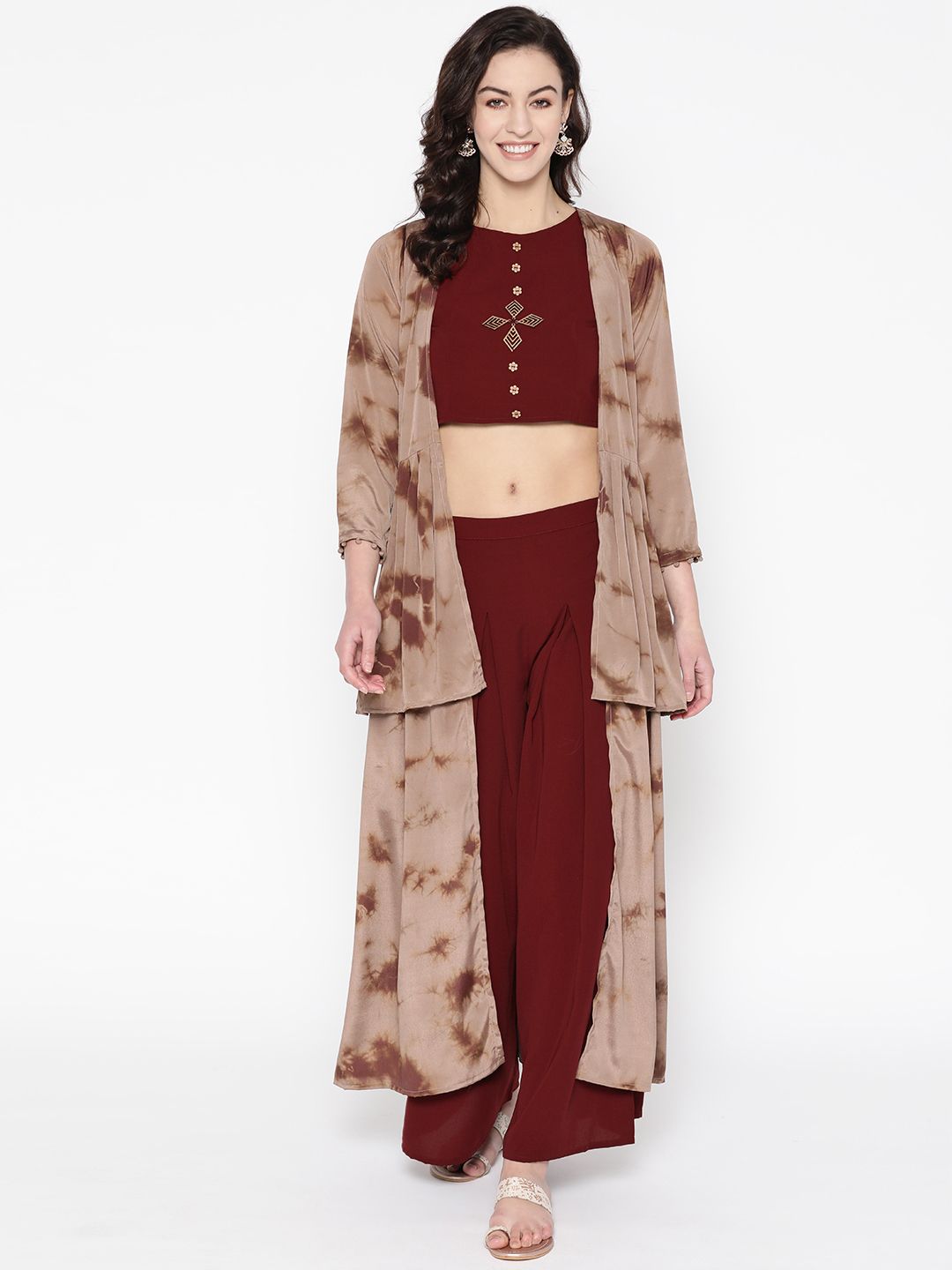 Cottinfab Women Maroon & Brown Solid Crop Top with Palazzos & Ethnic Jacket Price in India