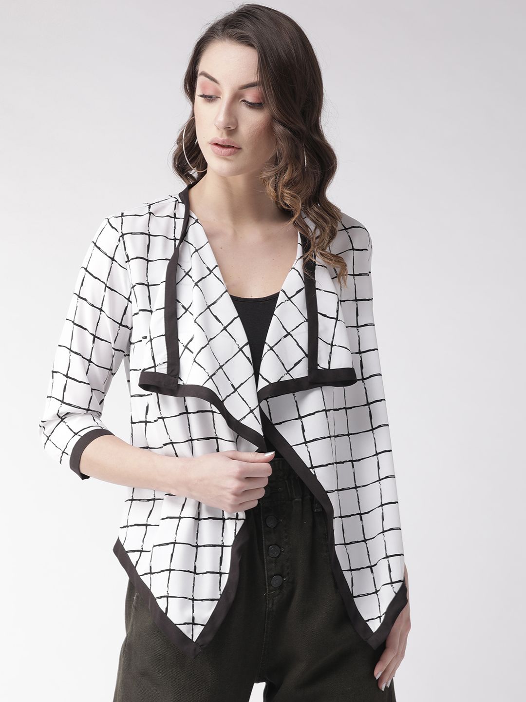 Style Quotient Women White & Black Checked Waterfall Shrug Price in India
