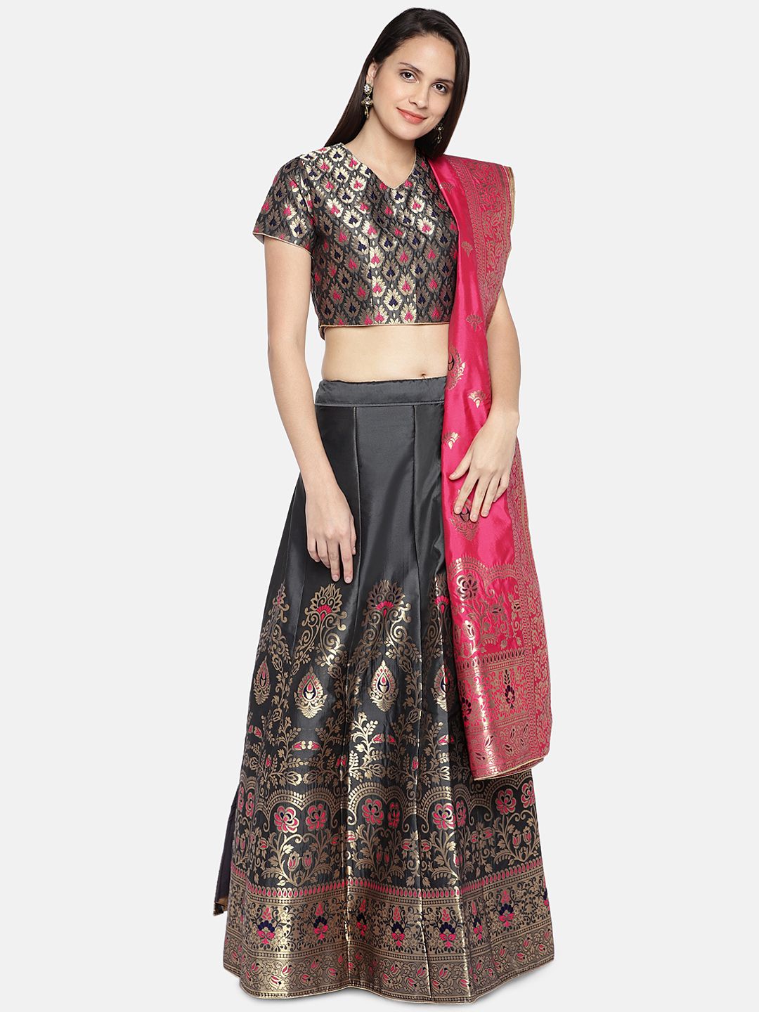 flaher Grey Semi-Stitched Lehenga & Blouse with Dupatta Price in India