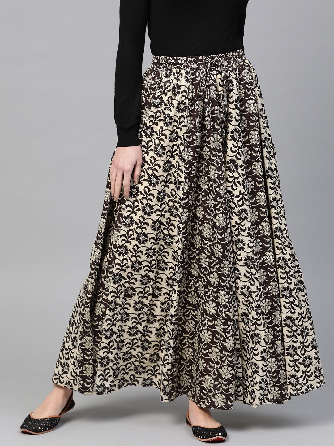 anayna Black & Beige Printed Flared Pure Cotton Maxi Skirt Price in India