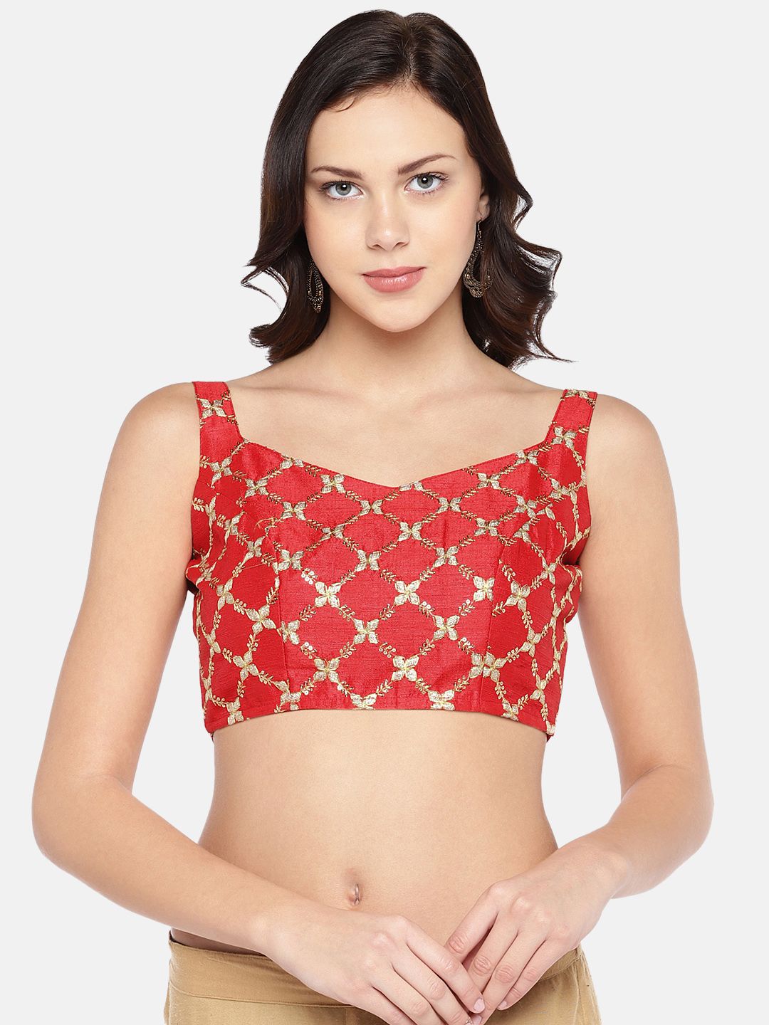 Studio Shringaar Women's Red Embroidered Sleeveless Saree Blouse Price in India