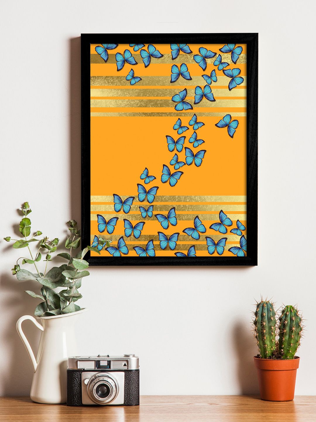 Art Street Mustard Yellow & Blue Printed Synthetic Wood Framed Individual Wall Art Price in India