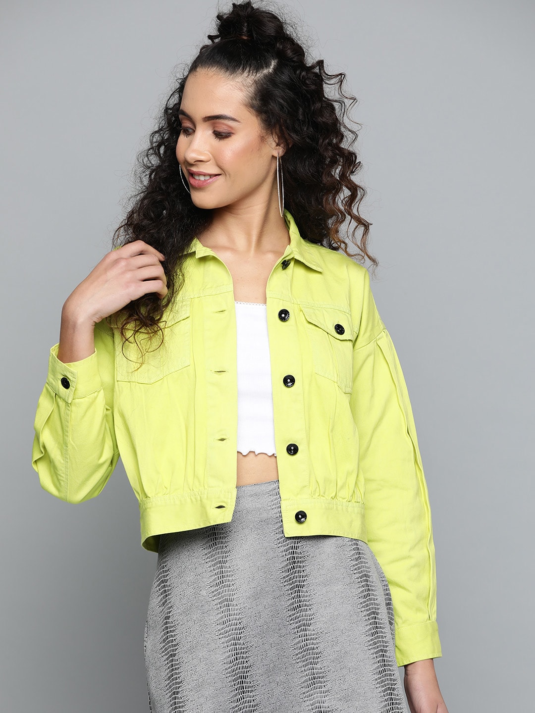 STREET 9 Women Lime Green Solid Denim Jacket Price in India