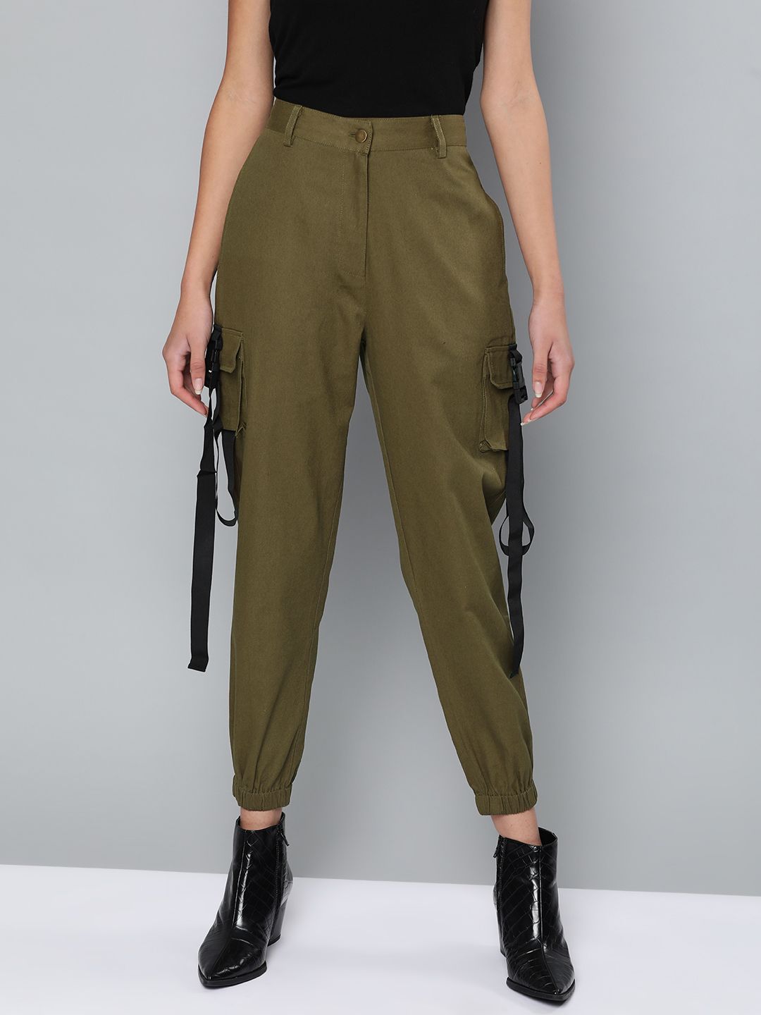 STREET 9 Women Olive Green Loose Fit Cargos Price in India