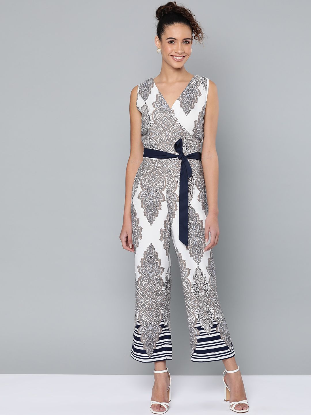 STREET 9 Women White & Grey Printed Basic Jumpsuit