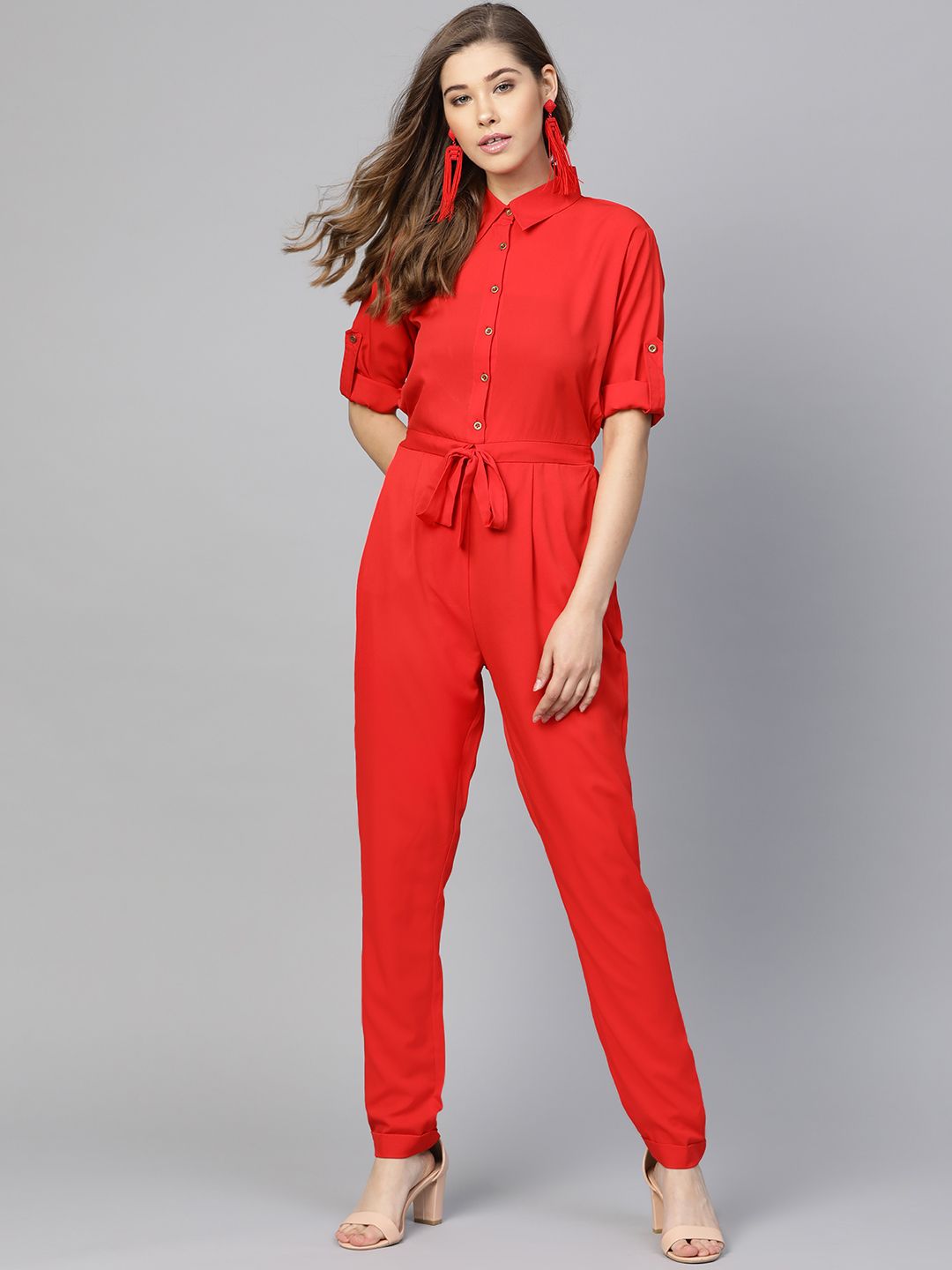 Uptownie Lite Women Red Solid Basic Jumpsuit with Belt Price in India