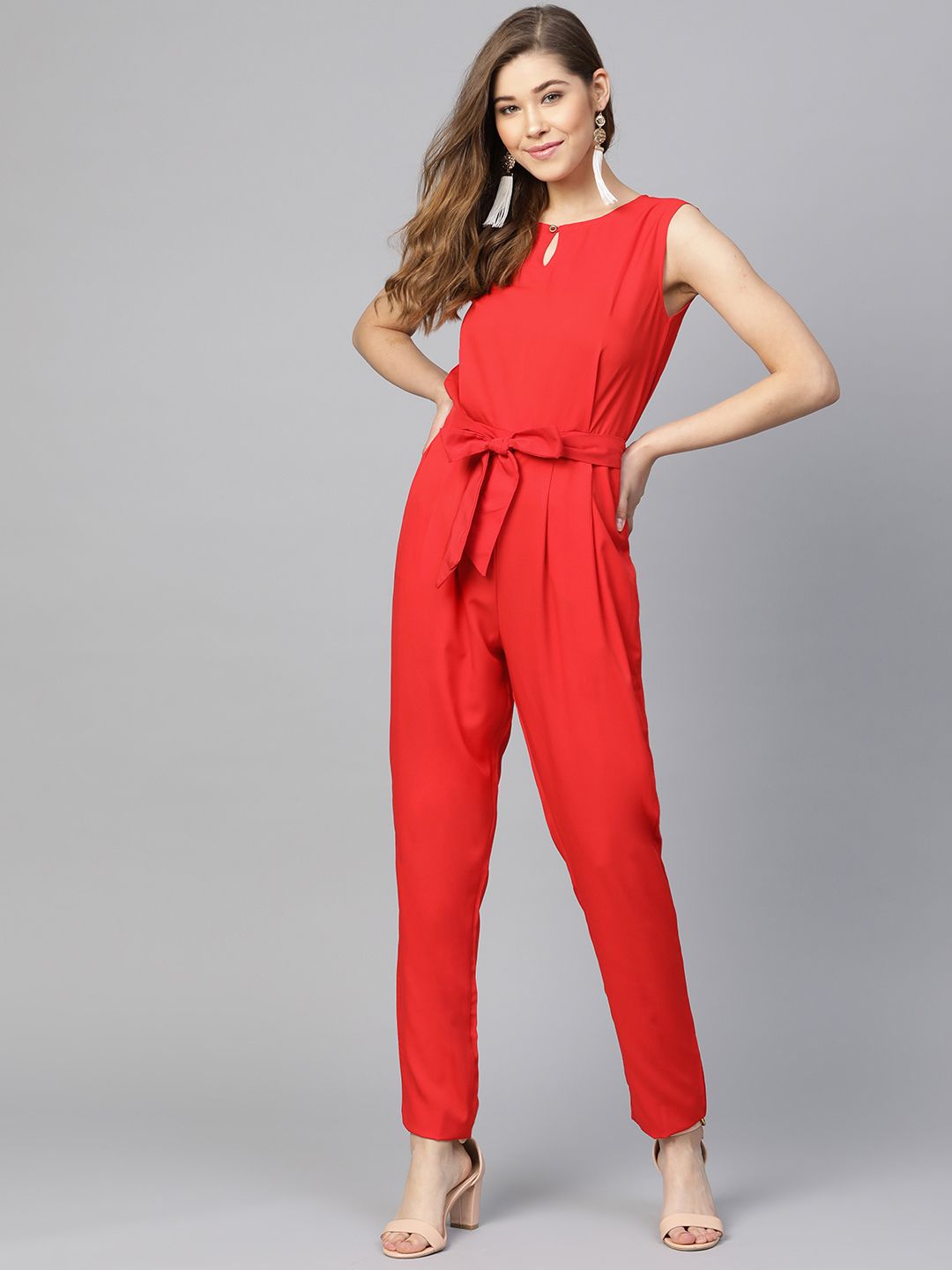 Uptownie Lite Women Red Solid Basic Jumpsuit with Belt Price in India