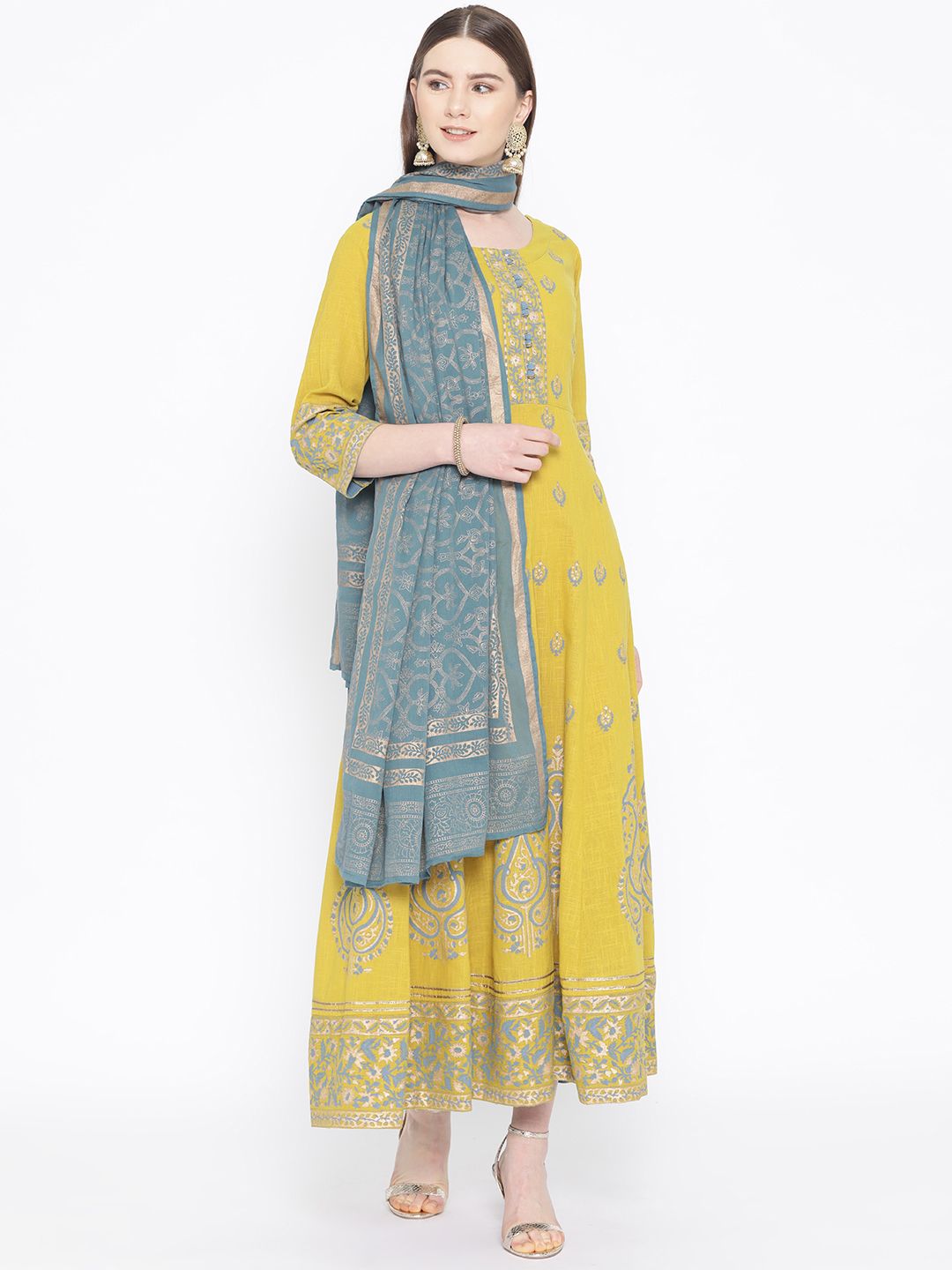 TARA-C-TARA Women Mustard Yellow & Blue Hand Block Printed Maxi Dress With Dupatta