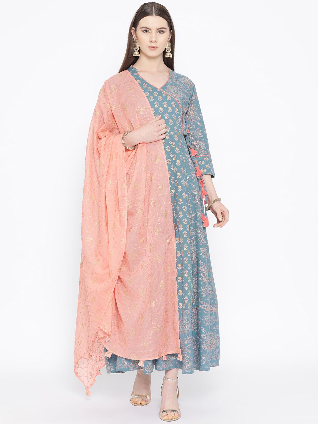 TARA-C-TARA Women Blue & Pink Printed Angrakha Maxi Dress with Dupatta