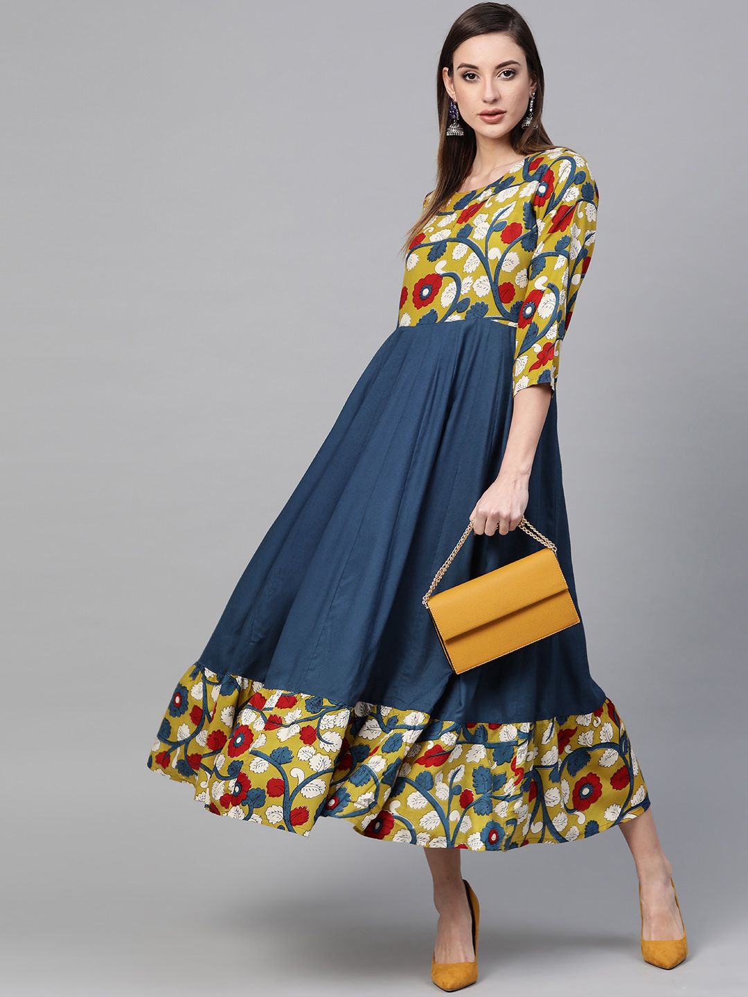 Geroo Jaipur Yellow & Navy Blue Kalamkari Hand Block Printed Rayon Dress Price in India