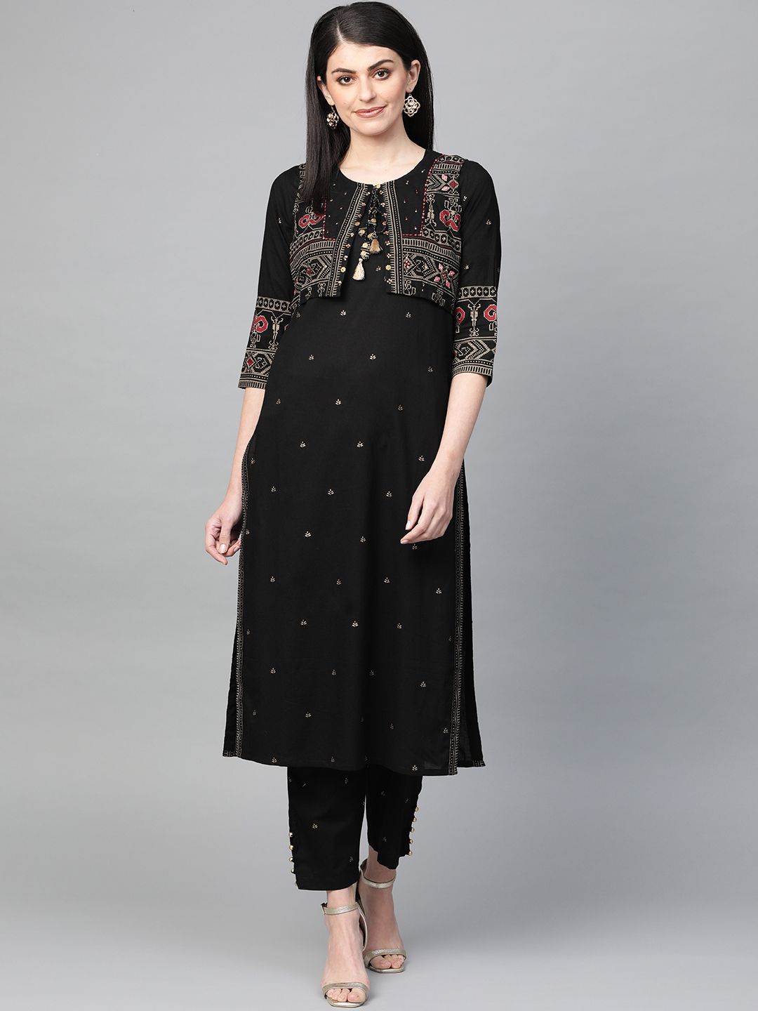 Ishin Women Black & Beige Printed Kurta with Trousers And Ethnic Jacket Price in India