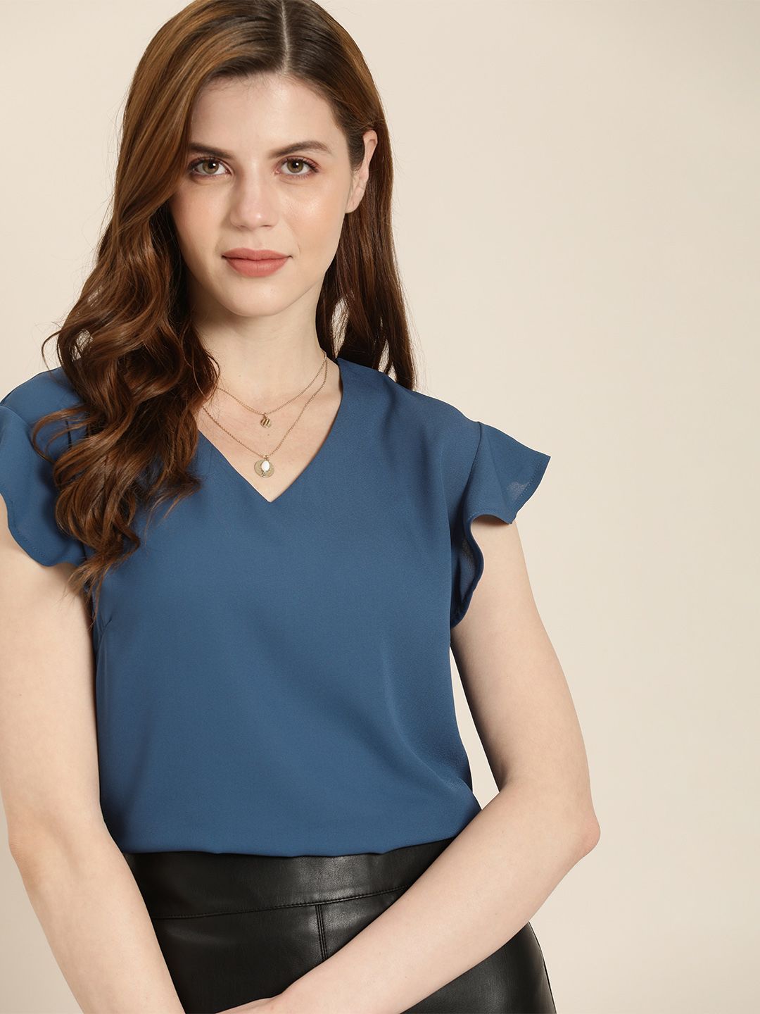 her by invictus Teal Blue V-Neck Top With Flutter Sleeves Price in India