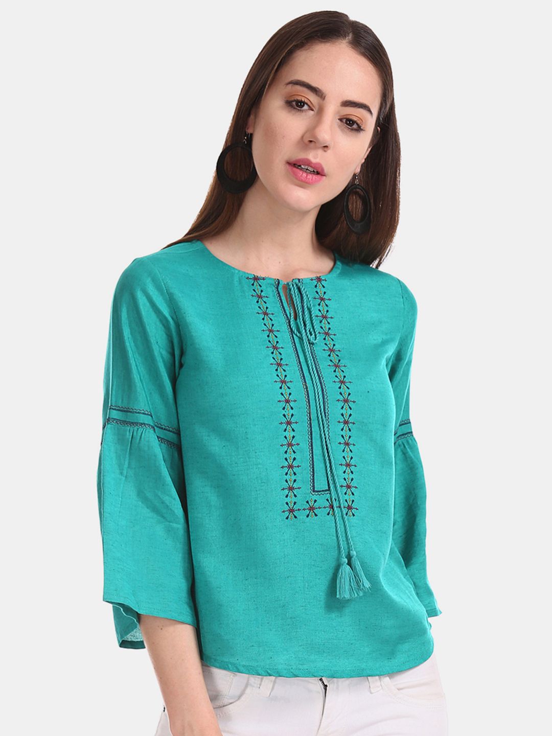 Bronz Women Sea Green Embroidered Top