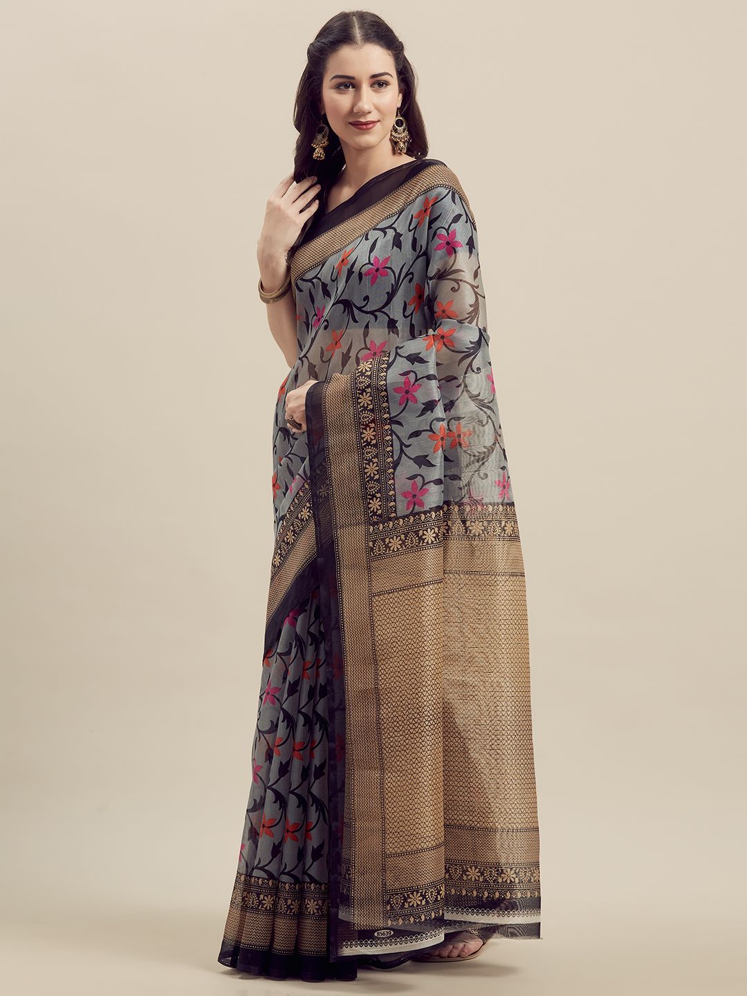 Florence Grey & Gold-Toned Art Silk Printed Saree