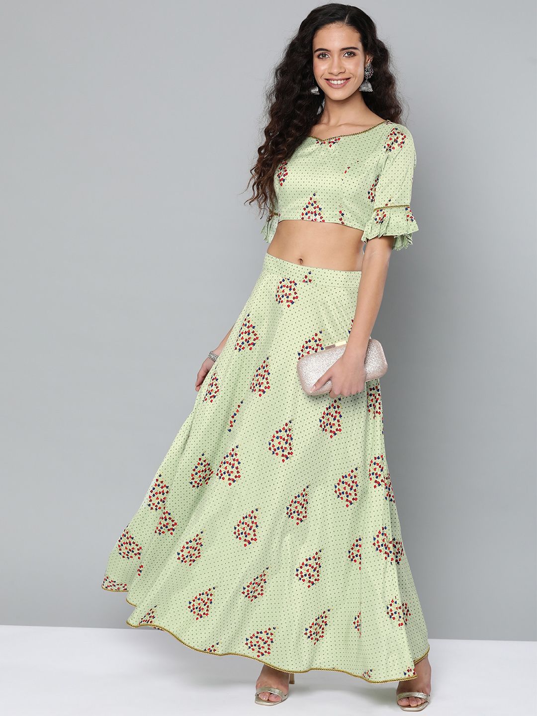 STREET 9 Women Green & Navy Blue Printed Crop Top with Skirt