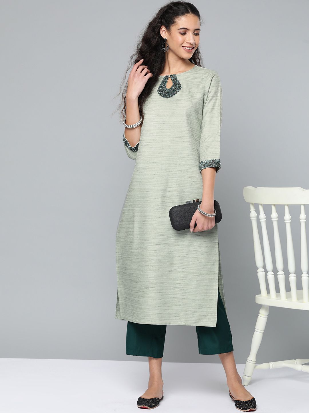 STREET 9 Women Green Solid Kurta with Palazzos Price in India