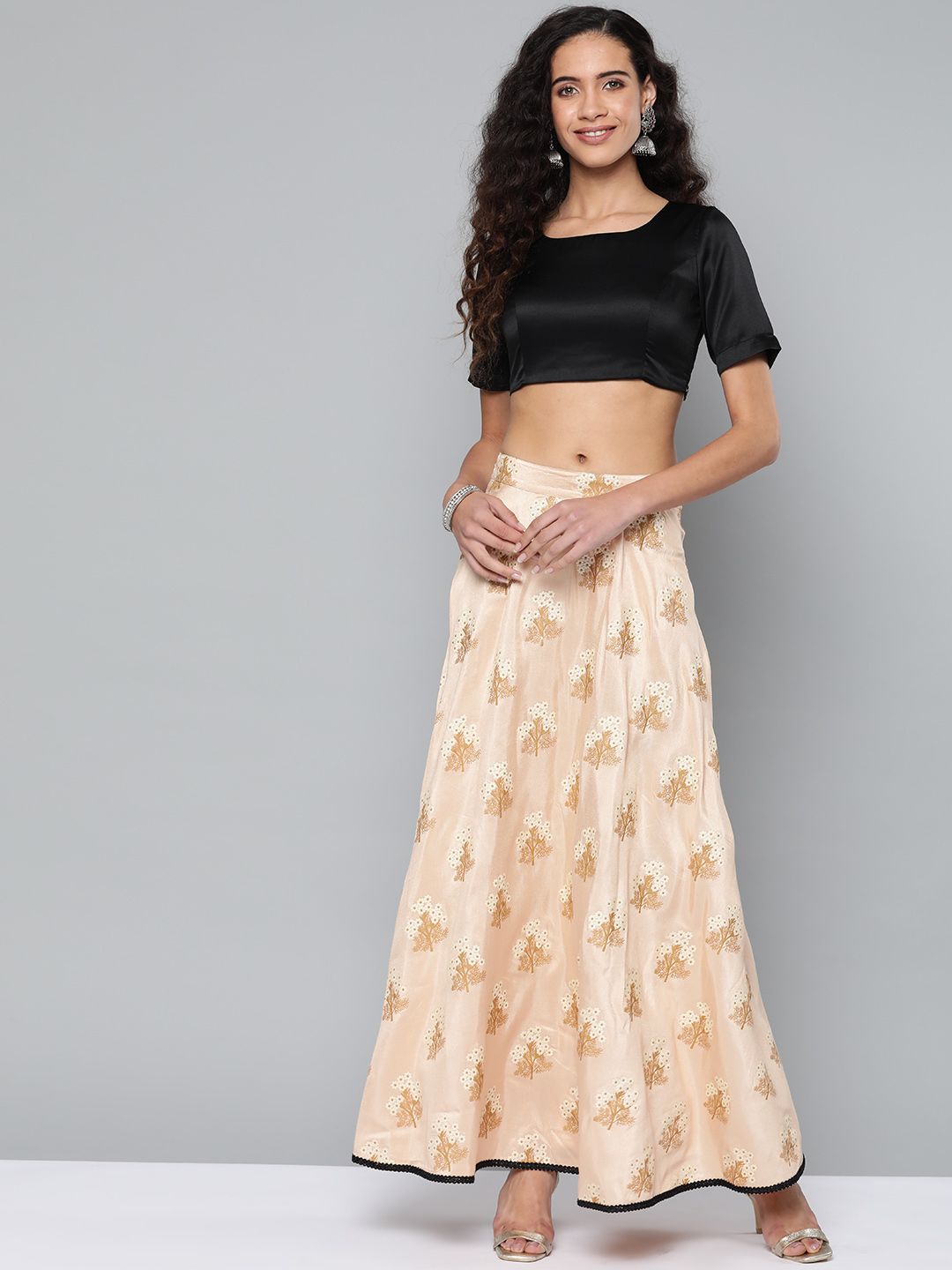 STREET 9 Women Black & Beige Solid Crop Top with Skirt Price in India