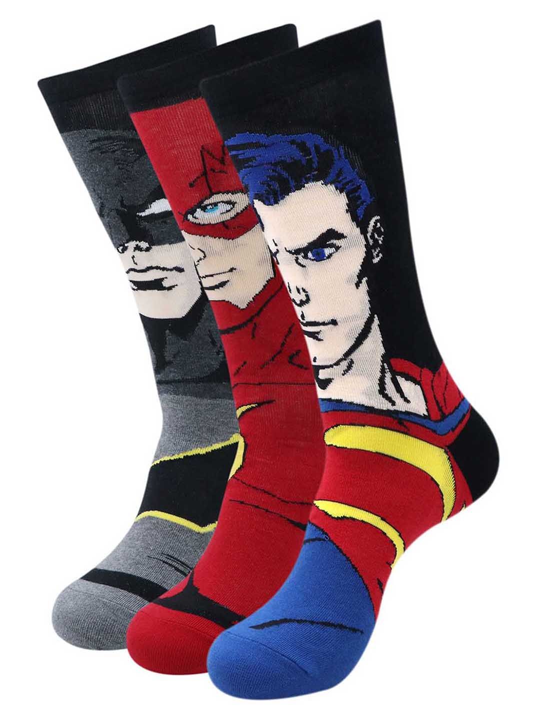 Justice League Men Pack of 3 Assorted Patterned Calf-Length Socks