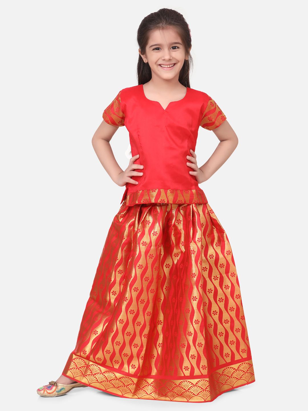 BownBee Red Ready to Wear Pattu Pavadai