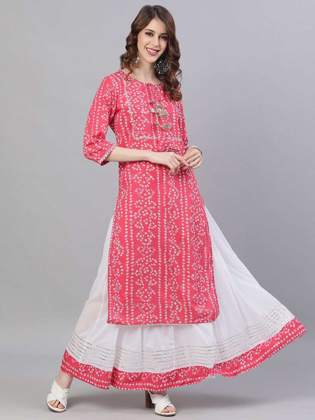 Ishin Women Pink & White Bandhani Print Kurta with Skirt Price in India