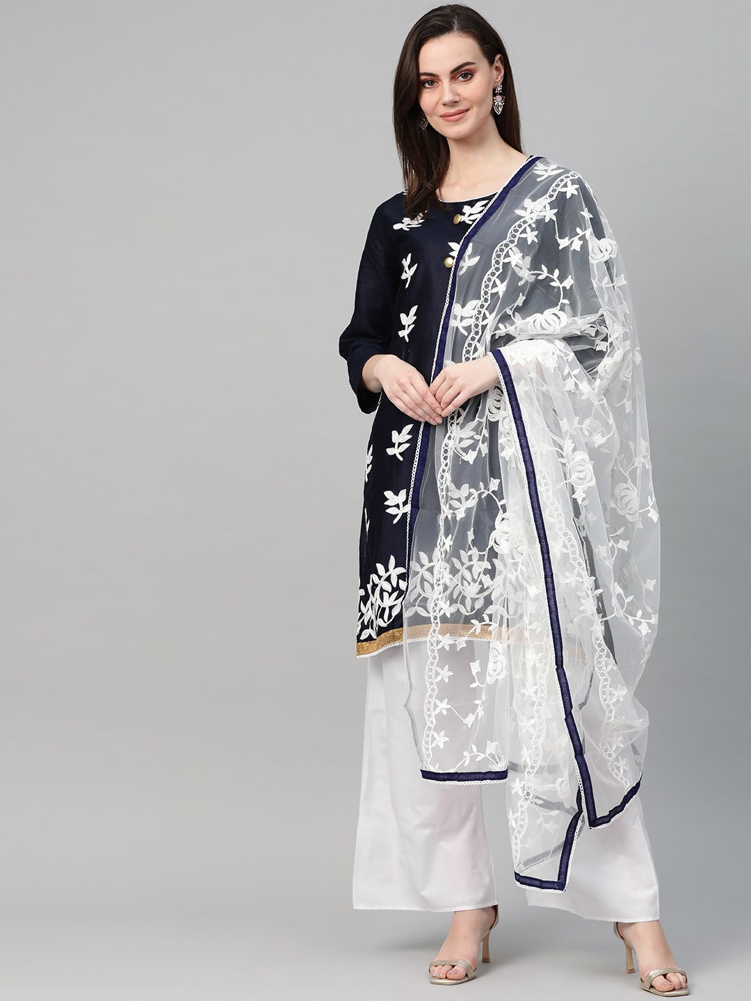 Ishin Navy Blue & White Embroidered Unstitched Dress Material Price in India