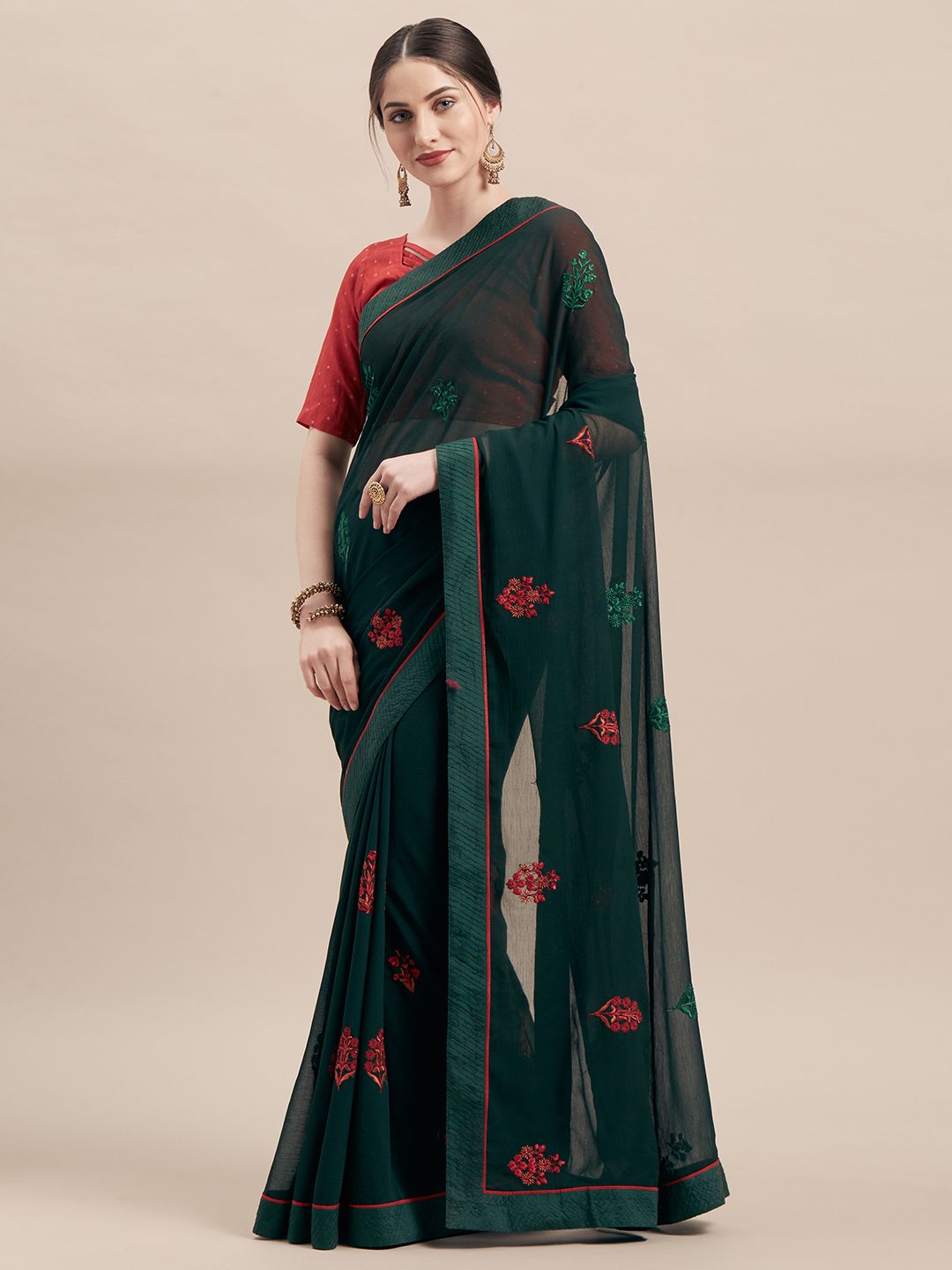 Shaily Green Embroidered Poly Chiffon Saree