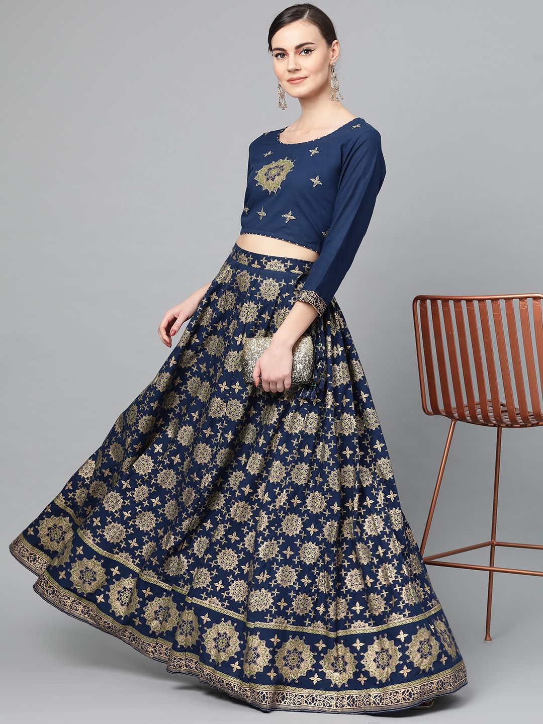 Ishin Women Navy Blue & Golden Foil Printed Top with Skirt