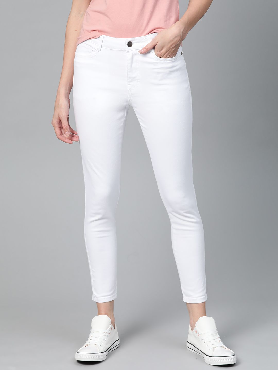 Mast & Harbour Women White Skinny Fit Mid-Rise Clean Look Stretchable Cropped Jeans Price in India