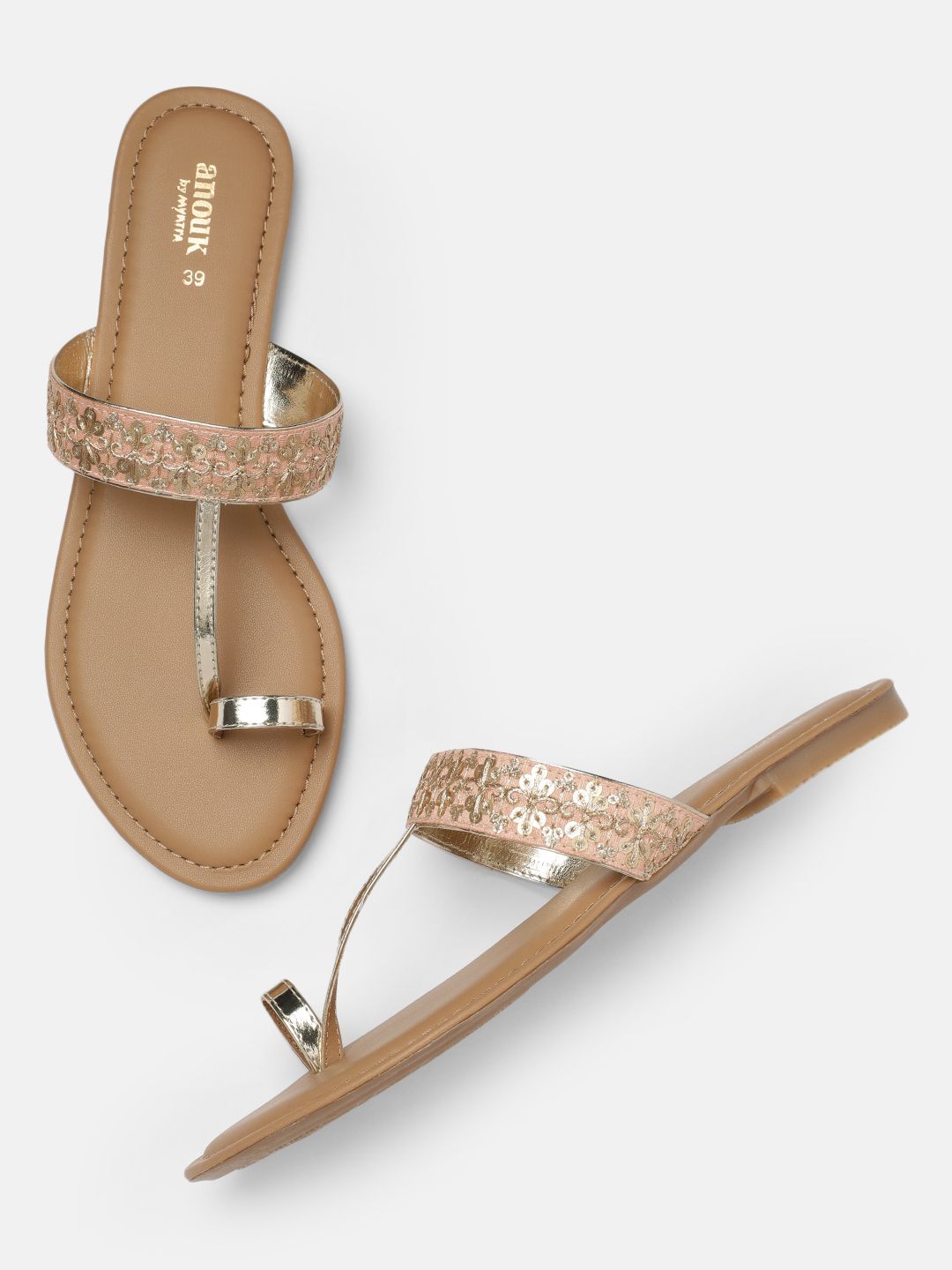 Anouk Women Peach-Coloured & Gold-Toned Sequinned One Toe Flats