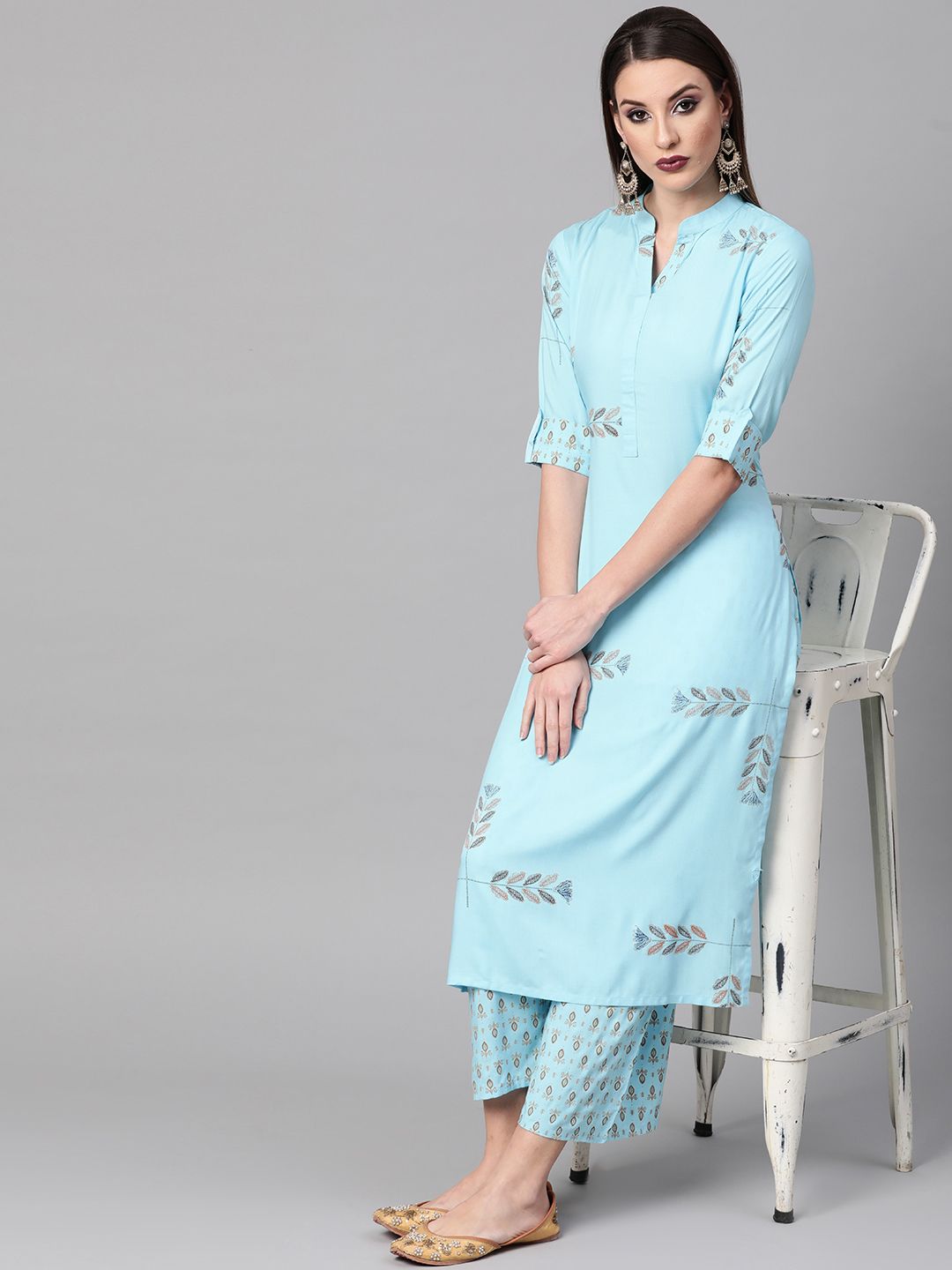 GERUA Women Blue & Mustard Yellow Block Print Kurta with Palazzos Price in India