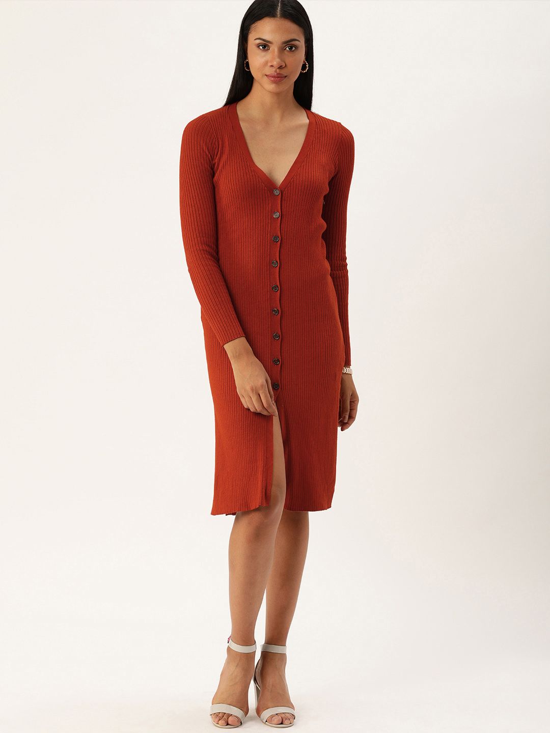 FOREVER 21 FOREVER 21 Women Rust Brown Ribbed Sweater Dress